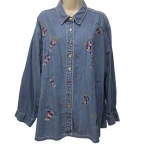 Silver Threads Denim Shirt 3X Embroidered Grapes Artsy Wine Enthusiast Cottage